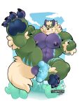  3:4 anthro arcanine balls big_pecs blue_penis feet fur genitals green_body green_fur hi_res male muscular muscular_anthro muscular_male nintendo nipples nude pawpads pecs penis pok&eacute;mon pok&eacute;mon_(species) schwarzfox solo video_games 