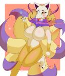  anthro breasts canid canine crossgender female fox hi_res kyubi_(yo-kai_watch) mammal mtf_crossgender multi_tail smile solo text tongue tongue_out video_games whiteyonggari_(artist) yellow_eyes yo-kai_watch 