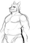  2020 abs anthro belly biped black_and_white body_hair bulge canid canine canis chest_hair clothed clothing coyote desertmotels digital_media_(artwork) facial_hair fur hair hi_res male mammal monochrome musclegut navel overweight overweight_anthro overweight_male portrait simple_background sketch smile solo standing tex_(desertmotels) three-quarter_portrait topless topless_male underwear unfinished white_background 