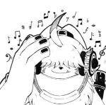  ahoge angoramon anthro bandai_namco digimon digimon_(species) digimon_ghost_game fluffy hair hair_over_eyes headphones lagomorph leporid listening_to_music male mammal metacosmic_jam monochrome musical_note rabbit sketch smile solo 