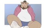  2021 5:3 anthro belly bottomwear brown_body clothing cute_fangs feet inunoshippo kemono male mammal overweight overweight_male scar shirt shorts simple_background sitting solo suid suina sus_(pig) topwear wild_boar 