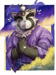  3:4 anthro asian_clothing canid canine clothing east_asian_clothing eyebrows hi_res japanese_clothing kimono lhjal2 lifewonders live-a-hero male mammal neck_tuft overweight purple_clothing raccoon_dog shoen smile solo tanuki thick_eyebrows topknot tuft video_games 