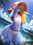 2020 absurd_res anthro blonde_hair blue_body blue_eyes bulge clothed clothing cloud day digital_media_(artwork) dragon girly hair hi_res leaf light lighting male navel outside plant ramzyuu_(ramzyru) red3engine scalie sea shaded signature sky solo sun_hat text topless url water white_body 