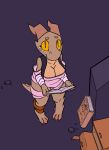  4_toes animated anthro backpack barefoot big_breasts blinking book breasts cleavage clothed clothing feet female freckles horn kobold looking_at_viewer non-mammal_breasts reptile scalie short_playtime solo srriz srriz_adventure srrizadventurer toes yellow_eyes 