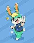  2021 absurd_res animal_crossing anthro blonde_hair clothed clothing digital_media_(artwork) gesture hair hi_res jacket joaoppereiraus lagomorph leporid lol_comments looking_at_viewer male mammal nintendo one_eye_closed open_mouth open_smile rabbit sasha_(animal_crossing) scut_tail shaded short_tail signature smile solo topwear v_sign video_games wink 