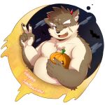  1:1 anthro belly canid canine canis devil_costume domestic_dog eyebrows halloween hi_res holidays horn jack-o&#039;-lantern junxiong_0814 lifewonders male mammal moritaka nipples one_eye_closed overweight overweight_male pecs scar slightly_chubby solo thick_eyebrows tokyo_afterschool_summoners video_games wink 