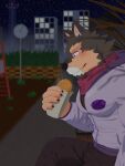  anthro blush canid canine canis city city_background clawed_fingers clothing coat domestic_dog eating hi_res lifewonders live-a-hero male mammal muscular muscular_anthro park pecs pubraseer scarf shi_ba_ki_chi solo topwear video_games 