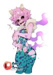  absurd_res acid animal_humanoid arthropod arthropod_humanoid ashido_mina black_sclera bodily_fluids breast_grab breast_squish breasts clothing female goatdraw hand_on_breast hi_res horn humanoid insect insect_humanoid melting_clothes my_hero_academia nervous open_mouth pink_body pink_skin solo squish steam surprise sweat wardrobe_malfunction 