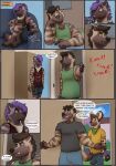  african_wild_dog age_difference anthro argument bandanna beard bottomwear canid canine chip_(pickles-hyena) clothed clothing comic cousins dialogue door duo ear_piercing english_text facial_hair father father_and_child father_and_son fully_clothed fur furniture garret_(pickles-hyena) grin hair hands_in_pockets hi_res hyaenid hybrid hyena_father_(pickles-hyena) kerchief larger_male male male/male mammal nephew older_male parent parent_and_child pickles-hyena piercing pockets purple_hair russel_(pickles-hyena) shirt shorts sitting size_difference smaller_male smile sofa son speech_bubble striped_body striped_fur striped_hyena stripes t-shirt tank_top text topwear uncle younger_male 