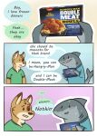  2021 absurd_res anthro blush bodily_fluids canid canine canis clothing comic domestic_dog duo english_text fish food hi_res humor male mammal marine mytigertail shark smile sweat text 