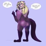  1:1 angry_furret anthro beard belly big_butt blonde_hair blush butt claws english_text facial_hair fluffy fur grey_eyes hair hi_res linus_bechtholdt long_hair looking_at_viewer lutrine male mammal mustache mustelid nude open_mouth overweight purple_body sea_otter simple_background slightly_chubby solo text thick_thighs 