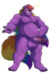  anthro balls belly big_balls big_penis canid canine erection fox fur genitals hair hi_res long_hair male mammal multicolored_hair multicolored_tail nipples nude overweight overweight_male pecs penis purple_body purple_fur rainbow_hair rainbow_tail simple_background solo standing vitashi white_background 