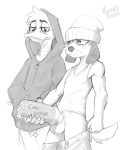  anatid anseriform anthro avian balls band-aid bandage beanie bird bodily_fluids bottomwear canid canine clothed clothing cum daffy_duck duck duo genital_fluids genitals hat headgear headwear hi_res hoodie kapri looney_tunes male mammal monochrome pants pants_down parappa parappa_the_rapper partially_clothed penetrable_sex_toy sex_toy shirt sony_corporation sony_interactive_entertainment tank_top topwear video_games warner_brothers 