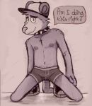  anthro baseball_cap blush bowserboy101 boxer_briefs bulge clothed clothing collar dialogue english_text footwear green_eyes hat headgear headwear hi_res kneeling looking_at_viewer male mammal marsupial navel nipples oliver_(bowserboy101) phalangeriform restricted_palette shoes smile solo speech_bubble spiked_collar spikes text topless underwear 