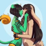  1:1 anthro black_hair brown_body brown_fur canid canine chameleon curled_tail digital_drawing_(artwork) digital_media_(artwork) digital_painting_(artwork) duo embrace eyes_closed female female/female fennec fox fur furrholic green_body green_skin hair hug kissing lizard mammal markings reptile scalie striped_markings stripes 