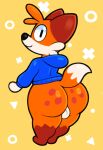  acstlu anthro balls big_butt blue_clothing blue_hoodie blue_topwear bottomless butt canid canine clothed clothing fox fur genitals hi_res hoodie looking_at_viewer male mammal orange_body orange_fur simple_background solo superiorfox_(superiorfoxdafox) topwear white_body white_fur 