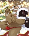  4:5 anthro beard bell belly big_belly blush bottomless bottomwear brown_body brown_fur carriage christmas christmas_clothing christmas_lights christmas_tree clothed clothing coat facial_hair fur hi_res holidays jewelry kemono male mammal moobs mostly_nude navel necklace nikiciy nipples overweight overweight_male plant snow solo topwear tree underwear ursid 