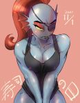  animal_humanoid athletic athletic_female athletic_humanoid blue_body blue_skin blush bottomless breasts cleavage clothed clothing ear_fins eye_patch eyewear female fin fish fish_humanoid hair hi_res humanoid marine marine_humanoid nipple_outline pupils red_hair shirt slit_pupils solo tank_top teeth topwear topwear_only undertale_(series) undyne yellow_sclera yuzuki_fang111 