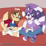  1:1 anthro barefoot black_nose breasts canid canine canis clothing controller domestic_dog duo feet female fuf fur furniture game_controller green_eyes hi_res mammal open_mouth procyonid purple_body purple_eyes purple_fur raccoon shirt sofa tan_body tan_fur tank_top tongue tongue_out topwear 