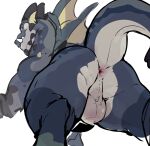  anthro anus balls butt dragon genitals grey_body haps hi_res horn low-angle_view male nude perineum scalie simple_background solo white_background wings 