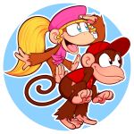  1:1 2020 4_fingers 4_toes absurd_res anthro barefoot blonde_hair blue_eyes bottomless brown_body brown_fur clothed clothing diddy_kong dixie_kong donkey_kong_(series) duo feet female fingers fur hair haplorhine hat headgear headwear hi_res long_hair male mammal monkey nintendo open_mouth open_smile ponytail prehensile_feet primate shirt simple_background smile toes tongue toony topwear veronicaandjelly video_games 
