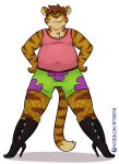  2019 absurd_res chubby_male clothed clothing crossdressing felid hi_res male mammal mytigertail pantherine patreon patreon_link patreon_logo simple_background solo tiger white_background 