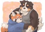  2021 ailurid anthro belly bernese_mountain_dog black_body black_fur brown_body brown_fur canid canine canis clothing domestic_dog duo embrace eyes_closed fur hoodie hug kemono kota&acute; male mammal molosser mountain_dog overweight overweight_male red_panda shirt swiss_mountain_dog topwear white_body white_fur 