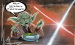  2020 aerosaur83 alien anthro blue_lightsaber dialogue digital_media_(artwork) eating english_text food green_body green_skin hi_res humor lightsaber male melee_weapon meme red_lightsaber salad solo speech_bubble star_wars text weapon yoda yoda&#039;s_species 