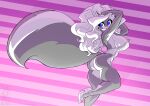  2021 anthro big_breasts black_body black_fur blue_eyes breasts chloe_sinclaire clothing conditional_dnp female fur hair high_heels jollyjack lingerie looking_back mammal mephitid purple_background side_boob simple_background skunk solo white_body white_fur white_hair 