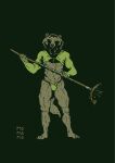  2021 absurd_res anthro asian_clothing bulge canid canine clothed clothing digital_media_(artwork) east_asian_clothing fundoshi hi_res japanese_clothing looking_at_viewer male mammal melee_weapon momamo muscular muscular_anthro muscular_male partially_clothed polearm raccoon_dog simple_background solo spear tanuki underwear weapon 
