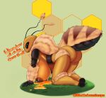  absurd_res all_fours antennae_(anatomy) anthro arthropod arthropod_abdomen bee big_breasts bodily_fluids breasts butt delicioussoup dialogue exoskeleton female food fur hi_res honey_(food) huge_breasts hymenopteran insect kneeling lactating nipples rear_view solo tan_body tan_exoskeleton tan_fur unusual_bodily_fluids unusual_lactation 