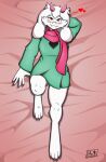  absurd_res aged_up andrewgtrez anthro blush bovid bovine caprine cheek_tuft claws clothed clothing crossgender deltarune eyewear facial_tuft female fur glasses goat green_clothing green_robe hair hi_res horn looking_at_viewer lying mammal mtf_crossgender on_back pink_background pink_scarf ralsei scarf simple_background smile solo thick_thighs thigh_gap tuft undertale_(series) video_games white_body white_fur 