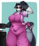  2019 absurd_res anthro apron artist_name big_breasts big_hands black_body black_fur black_hair blush bottomwear breasts clothing curvy_figure denim denim_clothing digital_media_(artwork) eyes_closed female fingers fur giant_panda hair hi_res hourglass_figure inner_ear_fluff jeans mammal mature_anthro mature_female multicolored_body multicolored_fur pants petal_(kilinah) signature simple_background solo standing superix teeth thick_thighs tuft two_tone_body two_tone_fur ursid voluptuous white_body white_fur wide_hips 