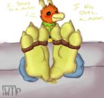  absurd_res avian bird blush feet hi_res horn male pet restraints shy_face solo stocks talons teasing toes toes_tied viraxe wolftical(artist) 