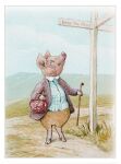  1913 20th_century ancient_furry_art anthro barefoot beatrix_potter biped clothing domestic_pig english_text feet holding_bag jacket looking_up male mammal outside pink_body pink_skin public_domain road_sign sky solo suid suina sus_(pig) text topwear traditional_media_(artwork) walking_stick 