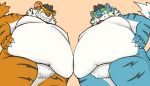  2021 anthro belly big_belly blue_body duo felid humanoid_hands kemono male mammal moobs nipples obese obese_male overweight overweight_male panthera7uncia pantherine raiden_shin&#039;emon raiden_tameemon sengoku_puzzle simple_background tiger video_games white_body yellow_body 