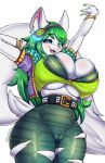  2021 anthro big_breasts blue_eyes bottomwear bracelet breasts camel_toe clothed clothing eyebrows eyelashes female fingers fur genitals green_hair hair hi_res huge_breasts jewelry kyodashiro long_hair mammal one_eye_closed open_mouth paladins pants plump_labia pussy salt_(paladins) simple_background solo thick_thighs torn_bottomwear torn_clothing torn_pants white_background white_body white_fur 