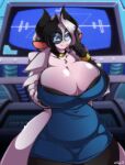  2019 absurd_res alejandra_coldthorn anthro arm_under_breasts artist_name belly big_breasts black_body black_fur black_hair blue_eyes bovid bovine bra breasts cattle cleavage clothed clothing coat collar curvy_figure detailed_background digital_media_(artwork) eyelashes eyewear female fingers fur glasses hair hi_res horn hourglass_figure huge_breasts inside lab_coat laboratory las_lindas looking_at_viewer mammal multicolored_body multicolored_fur multicolored_hair slightly_chubby smile solo standing superix thick_thighs topwear two_tone_body two_tone_fur two_tone_hair underwear voluptuous webcomic white_body white_fur white_hair wide_hips 