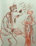  4:5 anthro black_eyes black_nose blush bodily_fluids bottomwear bow_tie canid canine canis clothed clothing dialogue disney domestic_dog duo english_text eye_contact freckles gesture gloves goofy_(disney) half-closed_eyes handshake handwear hi_res lagomorph leporid looking_at_another looking_down looking_up male mammal narrowed_eyes overalls overalls_only pants rabbit rockabillybun roger_rabbit sketch smile standing sweat sweater text topwear vest who_framed_roger_rabbit 