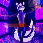  1:1 anthro big_tail claws colored ear_piercing fluffy girly glitch hologram jeremy_(topazknight) male mammal mephitid monitor navel nude pawpads piercing screen shaded skunk solo topazknight 
