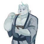  2021 anthro asian_clothing clothing east_asian_clothing eating hi_res humanoid_hands japanese_clothing kemono knights_college male mammal musclegut paul_(knights_college) polar_bear simple_background solo tsukigata_rossi ursid ursine video_games visual_novel white_background white_body 