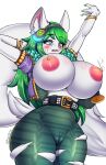  2021 anthro areola big_breasts blue_eyes blush bodily_fluids bottomwear bracelet breasts camel_toe clothed clothing exposed_breasts eyebrows eyelashes female fingers fur genitals green_hair hair hi_res huge_breasts jewelry kyodashiro lactating long_hair mammal nipples paladins pants plump_labia pussy salt_(paladins) simple_background solo thick_thighs torn_bottomwear torn_clothing torn_pants white_background white_body white_fur 