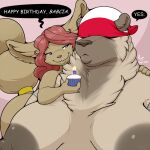  1:1 2019 anthro big_breasts birthday breasts brygida_(nightfaux) candle canid canine cupcake dialogue digital_media_(artwork) duo english_text female female/female food fox lips mammal mask nightfaux nude overweight pink_background simple_background size_difference speech_bubble tasha_(nightfaux) text thick_bottom_lip ursid 