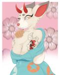  absurd_res animal_crossing anthro arm_tuft asian_clothing back_tattoo breasts cervid clothed clothing colored digital_media_(artwork) east_asian_clothing eyebrows eyelashes fangs female flower fur hand_on_shoulder hi_res horn japanese_clothing kimono looking_back mammal multicolored_body multicolored_fur narrowed_eyes neck_tuft nintendo outline partially_clothed plant rear_view red_horn shaded shino_(animal_crossing) short_tail side_boob simple_background solo sp_advanced standing tan_body tan_fur tattoo tuft video_games yellow_eyes 