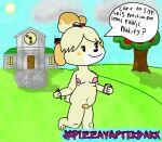  2021 animal_crossing anthro barefoot belly biped breasts canid canine canis chubby_female convenient_censorship digital_drawing_(artwork) digital_media_(artwork) domestic_dog english_text exhibitionism feet female female_focus fur hair hi_res isabelle_(animal_crossing) looking_at_viewer mammal navel nintendo nipples nude outside pizzayafterdark pubes public public_nudity slightly_chubby smile solo tagme text video_games 