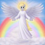  1:1 2021 absurd_res anthro blonde_hair clothing cloud derpy_hooves_(mlp) dress equid equine eyelashes feathered_wings feathers female flying friendship_is_magic hair halo hasbro hi_res irisarco long_hair looking_at_viewer mammal my_little_pony pegasus rainbow sky smile solo spread_wings sun wings yellow_eyes 