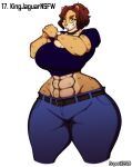  2018 abs absurd_res anthro artist_name biceps big_breasts bottomwear breasts brown_body brown_eyes brown_fur cleavage clock clothed clothing collar curvy_figure denim denim_clothing digital_media_(artwork) eyelashes female fur hair hi_res hourglass_figure huge_breasts huge_hips hyaenid jeans looking_at_viewer male mammal multicolored_body multicolored_fur muscular muscular_anthro muscular_male pants red_hair sharp_teeth simple_background small_waist smile solo standing superix tan_body tan_fur teeth thick_thighs two_tone_body two_tone_fur watch white_background wide_hips wristwatch yellow_sclera 