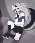  anthro black_clothing canid canid_demon canine clothing demon female fur furritabi goth hair hellhound helluva_boss hi_res loona_(helluva_boss) mammal navel open_mouth red_eyes silver_hair sitting solo stairs stairway white_body white_fur 