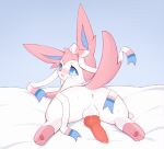 absurd_res animal_genitalia animal_penis balls blush canid canine canine_penis eeveelution erection feral flong fur genitals hi_res knot looking_at_viewer male mammal nintendo open_mouth penis pink_penis pok&eacute;mon pok&eacute;mon_(species) sex simple_background solo sploot sylveon video_games 