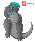  alpha_channel anthro black_sclera blue_eyes conditional_dnp digitigrade featureless_crotch grey_body grey_skin hand_on_head hi_res horn itsdraconix kobold lying male nude on_back patreon patreon_logo reptile scalie scar side_b simple_background solo tongue tongue_out transparent_background 